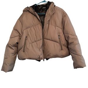 Zara Cropped Puffer Jacket Hooded Taupe Neutral Size M